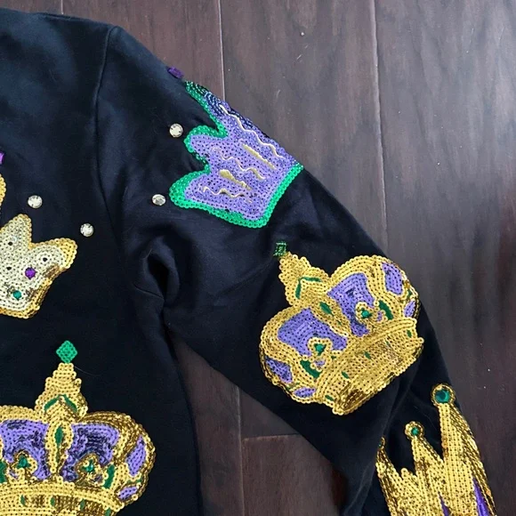 Mardi Gras Crown sparkle Embellished Black Sweatshirt small - Picture 3 of 3